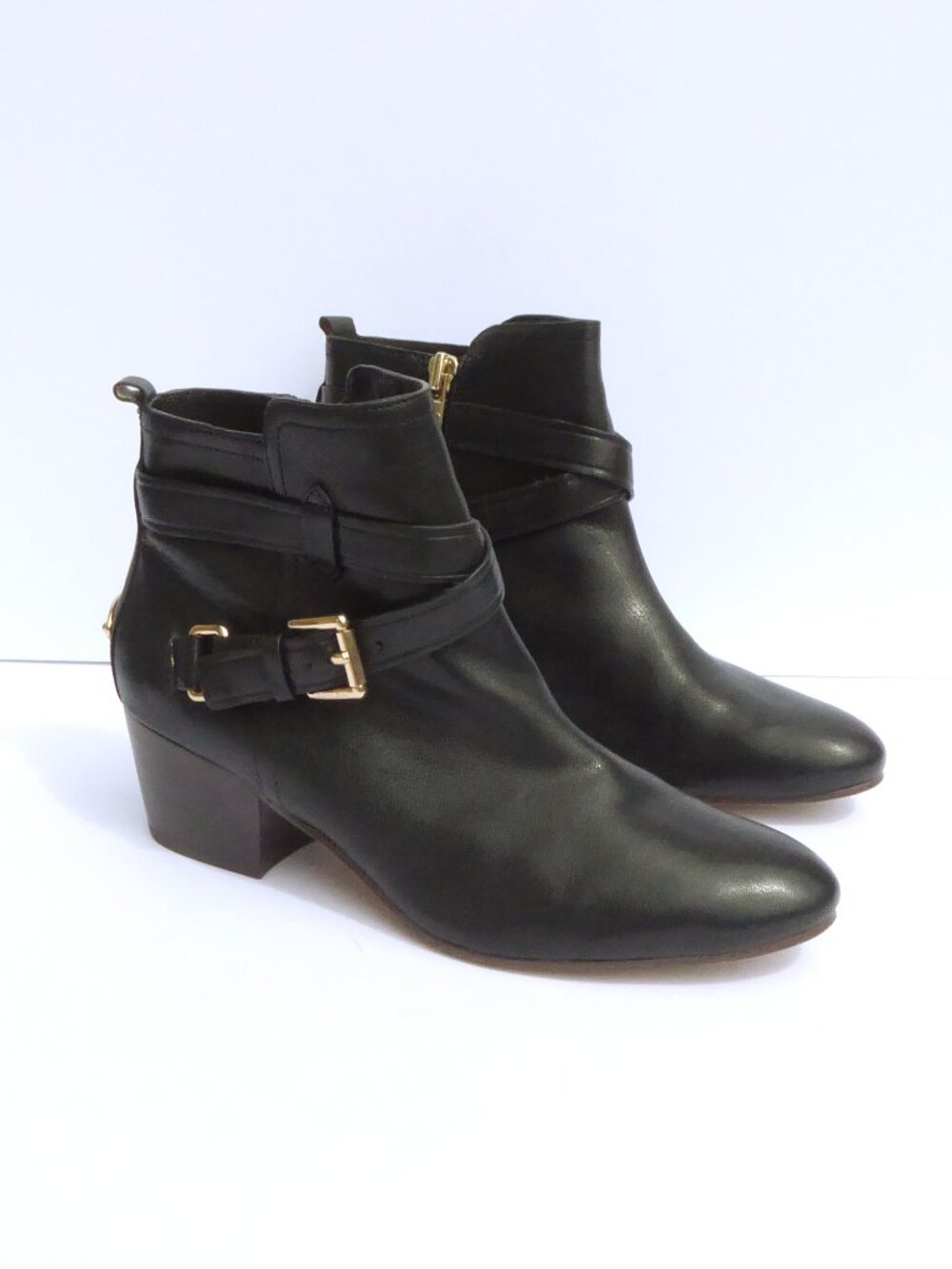 Coach black leather pauline booties with gold hardware buckle boots size 8